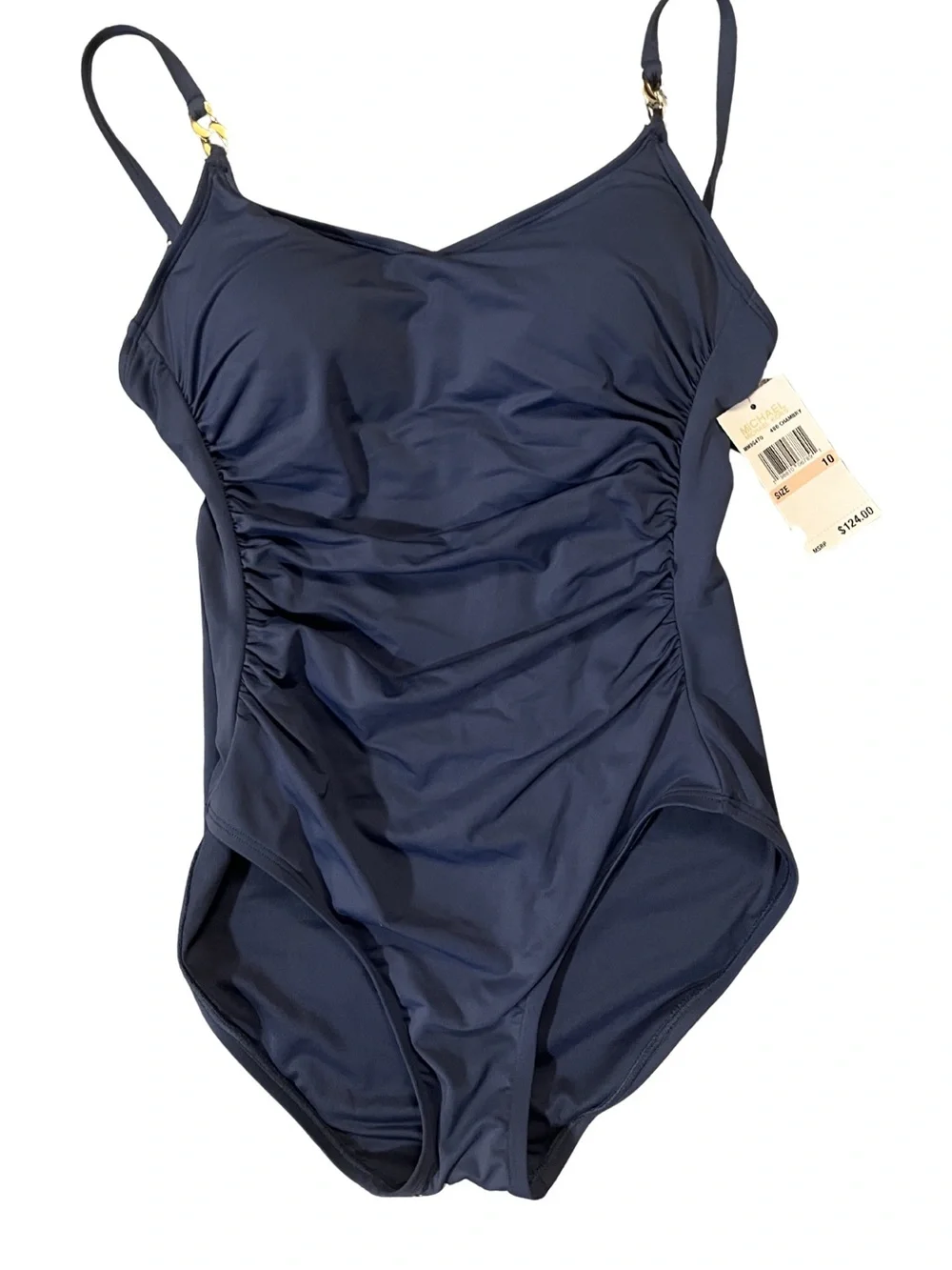 NWT Michael Kors One-Piece Ruched Gold Hardware Swimsuit | Chambry | Size 10 - Picture 1 of 9